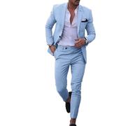 Conjunto de traje de lino para hombre, esmoquin casual, 2 piezas, blazer de ajuste regular, chaqueta y pantalones sólidos con un botón, para graduación, boda, fiesta, azul celeste, 50