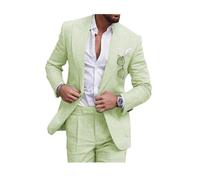 Conjunto de traje de lino para hombre, esmoquin casual, 2 piezas, blazer de ajuste regular, chaqueta y pantalones de lino con un botón, graduación, boda, cena, verde claro, 56