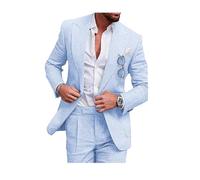 Conjunto de traje de lino para hombre, esmoquin casual de 2 piezas, ajuste regular, blazer de un botón, chaqueta y pantalones de lino, graduación, boda, cena, azul celeste, 52