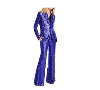 Conjunto de traje de moda con lentejuelas para mujer, un botón, 2 piezas, para boda, esmoquin, pantalones, fiesta de graduación, azul real, L