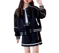 Conjunto de traje de otoño para niñas pequeñas/grandes, chaqueta de manga larga para niñas y falda de línea A, chándal de béisbol, chándal, chándal, chándal para niñas, Negro , 7-8 Años