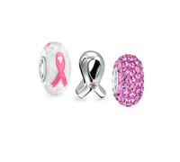 Conjunto de tres cuentas de cristal Murano translúcido CZ empoderadoras de cinta rosa para sobrevivientes de cáncer de mama, cuentas espaciadoras de cristal Murano translúcido para mujeres, núcleo de