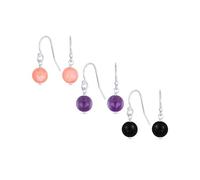 Conjunto De Tres Pendientes De Gancho Francés Con Bola De Cuentas De Ónix Negro, Coral Rosa Y Amatista Morada Para Mujeres Adolescentes Plata Esterlina .925