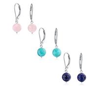 Conjunto De Tres Sencillos Aretes Colgantes Redondos Con Cuentas De Turquesa Estabilizada Y Rosa Para Mujeres Plata Esterlina .925 Piedra De Nacimiento De Diciembre