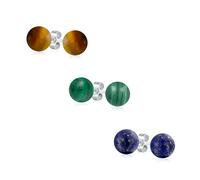 Conjunto De Tres Sencillos Pendientes Redondos De Bola De Piedras Preciosas De Malachita Lapislázuli Y Ojo De Tigre Para Mujeres Y Hombres. Plata Esterlina .925 De 8MM