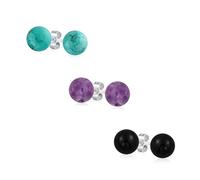 Conjunto De Tres Sencillos Pendientes Redondos De Bola De Piedras Preciosas Moradas Amatista Turquesa Y Ónix Para Mujeres. Plata Esterlina .925 De 8MM