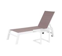 Conjunto de tumbona y mesa auxiliar barbados en textileno color topo aluminio blanco