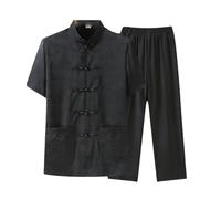 Conjunto de uniforme de Kung Fu de manga corta chino tradicional Qi Gong Artes Marciales Wing Chun Shaolin Cloths Apparel Black-XL