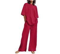 Conjunto de verano de lino y algodón para mujer, conjunto holgado de 2 piezas, camisa de manga corta, cuello redondo y pantalones de pierna ancha, conjunto de verano, Rojo1, XL