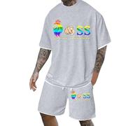 Conjunto de Verano Hombre 2 Piezas Conjunto Deportivo Masculino Moderno de Dos Piezas con Estampado Europeo de y Diseño Arcoíris para Ocio (Light Gray, M)