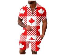 Conjunto de Verano Hombre 2 Piezas Conjunto informal masculino de manga corta y pantalones cortos talla grande con estampado temático del Día de Canadá (Red, XXL)