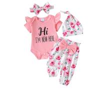 Conjunto de verano para bebé niña: body de manga corta con estampado de letras, pantalones y gorro. Lindo conjunto de dos piezas para niña pequeña. (3-6 Months)