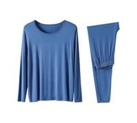 Conjunto de verano para el tiempo libre, cuello redondo, top de manga larga y pantalones elásticos con bolsillos, color liso, 2 piezas, pijama casual, ropa para el hogar, 1-azul, XXL