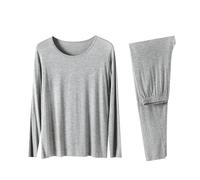 Conjunto de verano para el tiempo libre, cuello redondo, top de manga larga y pantalones elásticos con bolsillos, color liso, 2 piezas, pijama casual, ropa para el hogar, 3-light Gris, XL
