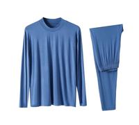 Conjunto de verano para el tiempo libre, cuello redondo, top de manga larga y pantalones elásticos con bolsillos, color liso, 2 piezas, pijama casual, ropa para el hogar, 6-azul, XXXL
