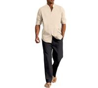 Conjunto de verano para hombre, camisa de manga larga de lino transpirable con botón y pantalones cómodos para el hogar, yoga, uso casual, al aire libre, playa, vacaciones, caqui, L