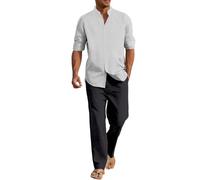 Conjunto de verano para hombre, camisa de manga larga de lino transpirable con botón y pantalones cómodos para el hogar, yoga, uso casual, al aire libre, playa, vacaciones, gris, 5XL