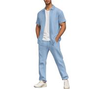 Conjunto de verano para hombre, conjunto de 2 piezas de camisas de manga corta y pantalones cortos con textura para hombre, ropa de vacaciones 2025, azul celeste, XL