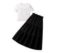 Conjunto de verano para niña, compuesto por una gran blusa blanca con cuello redondo de manga corta y una falda negra de longitud completa con cintura elástica., Blanco, 10-11 años