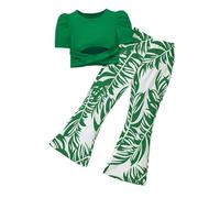 Conjunto de verano para niñas, top corto con mangas de tirantes pantalones estampados, ropa de juego de dos piezas para niñas pequeñas (Green, 3Y)