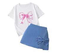 Conjunto de Verano para niñas, Top de Manga Corta con Lazo y Falda pantalón Vaquera, Mono Informal de Dos Piezas para Jugar con niños pequeños