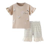 Conjunto De Verano para Niñas Transpirable Conjunto de Verano para niñas, Top de Manga Corta con Bordado Floral y Ribete de Encaje, Ropa de Juego Informal a Rayas, Mezcla cómoda