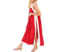 Conjunto de vestido de dos piezas de estilo bohemio con bloques de color para mujer (incluye pantalones cortos) de gran tamaño, abertura lateral, sin mangas, cuello redondo, rosso, L