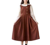 Conjunto de vestido de pana para niña de primavera - manga larga con cuello de solapa y cintura plisada acampanada Mono Versátil para escuela y salidas amistosas, marrón, 11-12 Años