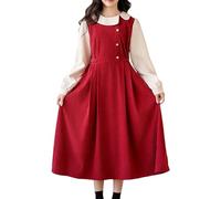 Conjunto de vestido de pana para niña de primavera - manga larga con cuello de solapa y cintura plisada acampanada Mono Versátil para escuela y salidas amistosas, rojo, 13-14 Años
