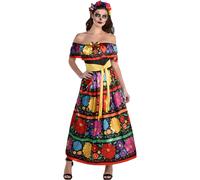 Conjunto de vestido y diadema de calavera de az car multicolor de Amscan - Talla mediana (6-8) - Disfraz encantador del D a de los Muertos