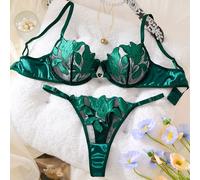 Conjunto de y tanga para mujer con bordado de verde | Diseño de hueco, semitransparente, tanga ajustable con cintura , lencería