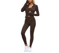 Conjunto de yoga para mujer elegante chaqueta larga manga y pantalón cómodo para práctica deportiva y ocio casual, café, XL