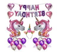 Conjunto Decorativo de Cumpleaños Unicornio para Niñas - Globos de Cumpleaños Coloridos, Bandera, Diadema y Globos con Forma de Unicornio - Decoración Perfecta para Fiestas de Cumpleaños y M