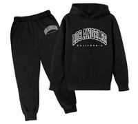 Conjunto deportivo de 2 piezas con capucha para niñas de Los Ángeles, California, acogedor, conjunto deportivo, holgado, forro polar, para invierno, otoño, casual, de dos piezas, cómodos, Negro, 3-4
