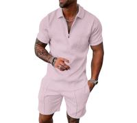 Conjunto deportivo de 2 piezas con cremallera para hombre, camisa polo y pantalones cortos, conjunto casual de verano de manga corta, Rosa, XX-Large