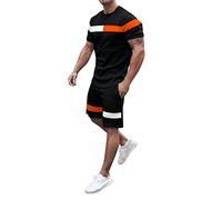 Conjunto deportivo de 2 piezas para hombre, verano, primavera y verano, diseño a rayas, camiseta de manga corta y pantalones cortos para correr, traje deportivo deportivo de los años 36, Negro, M