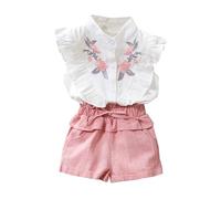 Conjunto Deportivo de 2 Piezas para niña Traje algodón Estampada Verano Flores Camiseta Manga Corta Pantalones Cortos Primavera Acanalado niños 1 a 6 años