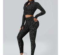Conjunto deportivo de larga con estampado de leopardo para mujer, cremallera y mallas de cintura