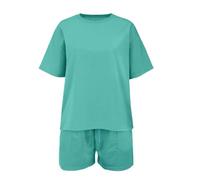 Conjunto deportivo de manga corta y pantalones cortos para niña con estampado de moda y cuello redondo de dos piezas, verde, 12-13 años