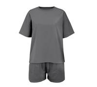 Conjunto deportivo de manga corta y pantalones cortos para niña con estampado de moda y cuello redondo de dos piezas, gris oscuro, 12-13 años