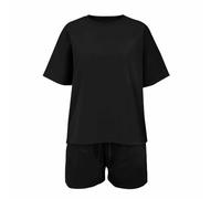 Conjunto deportivo de manga corta y pantalones cortos para niña con estampado de moda y cuello redondo de dos piezas, Negro , 12-13 años