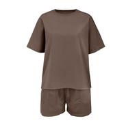 Conjunto deportivo de manga corta y pantalones cortos para niñas con estampado de moda y cuello redondo de dos piezas para recién nacidos, marrón, 4-5 años