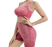 Conjunto Deportivo Mujer 2 Piezas Pantalones Cortos de Yoga sin Costuras Elásticos Leggings de Cintura Alta Top Deportiva Ropa de Entrenamiento para Fitness Gym Running Jogging Gimnasio Ejercicio