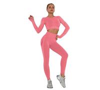 Conjunto Deportivo Mujer Fitness Verano Chandal 2 Piezas Leggins y Camiseta Crop Top Manga Larga Deporte Traje de Gimnasia Ropa Malla para Running Yoga Pilates Danza Sportwear Tracksuit Sweatsuit
