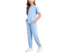 Conjunto Deportivo Niña 2026: Top Manga Corta + Short Lisa 2 Piezas Cómodo Verano (Light Blue, 13-14Years)
