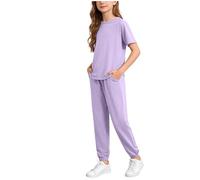 Conjunto Deportivo Niña 2026: Top Manga Corta + Short Lisa 2 Piezas Cómodo Verano (Light Purple, 11-12Years)