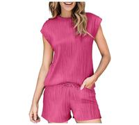 Conjunto deportivo para mujer: camiseta de manga corta y pantalones cortos con cordón, conjunto de ropa de descanso de dos piezas para mujer, incluye una parte superior texturizada de manga corta y