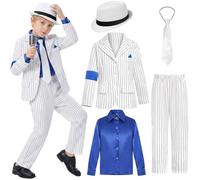 Conjunto Disfraz Estrella Pop para Halloween Outfit Para Niño, Conjunto de 7 Piezas Chaqueta Pantalón Sombrero Guantes Negros Lentejosos Traje Retro Años 80 y 90, para Halloween 4-12 Años