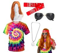 Conjunto Disfraz Hippie Años 60 y 70, 5 Hippie Costume Set con Colorido Tie Dye Camiseta Hipp-ie Gafas de Sol, Diadema de Hippi-e, Disfraz Hi-ppie Peluca, Collar de Signo de Paz para Fiesta Carnaval