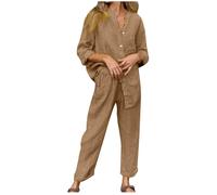 Conjunto Dos Piezas Mujer Lino algodón Casual Camisa manga larga y Pantalones Verano Otoño Camiseta Blusa Color sólido Completo Suelto Traje Cómodo Conjunto Moda Transpirable Talla grande 2025